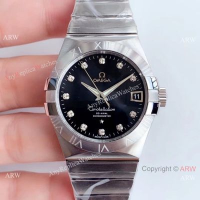 VSF Swiss Replica Omega Constellation Stainless Steel Black Diamond Watch